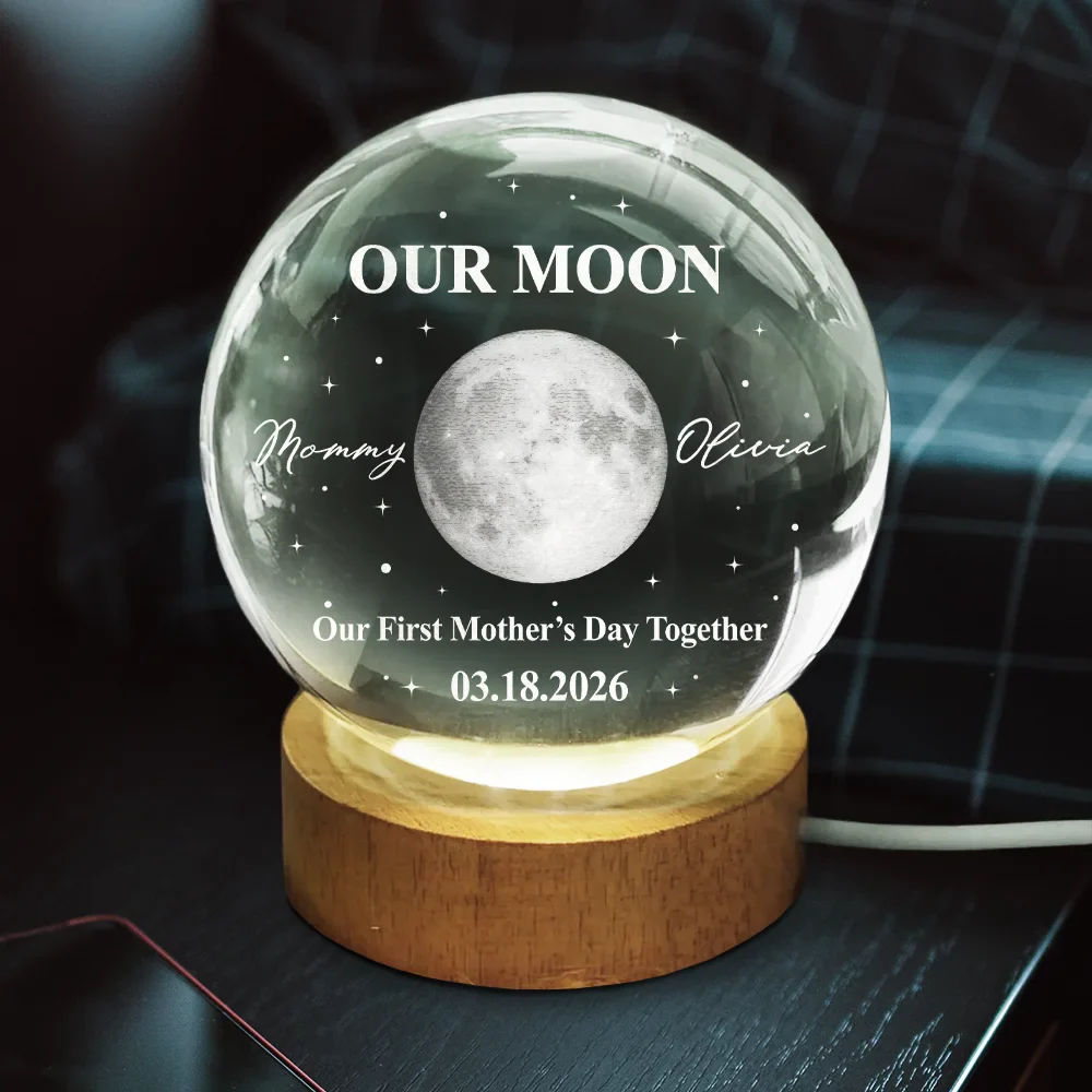 Moon Phase Our First Mother's Day The Day You Became My Mom - Personalized Crystal Globe Lamp - Image 3