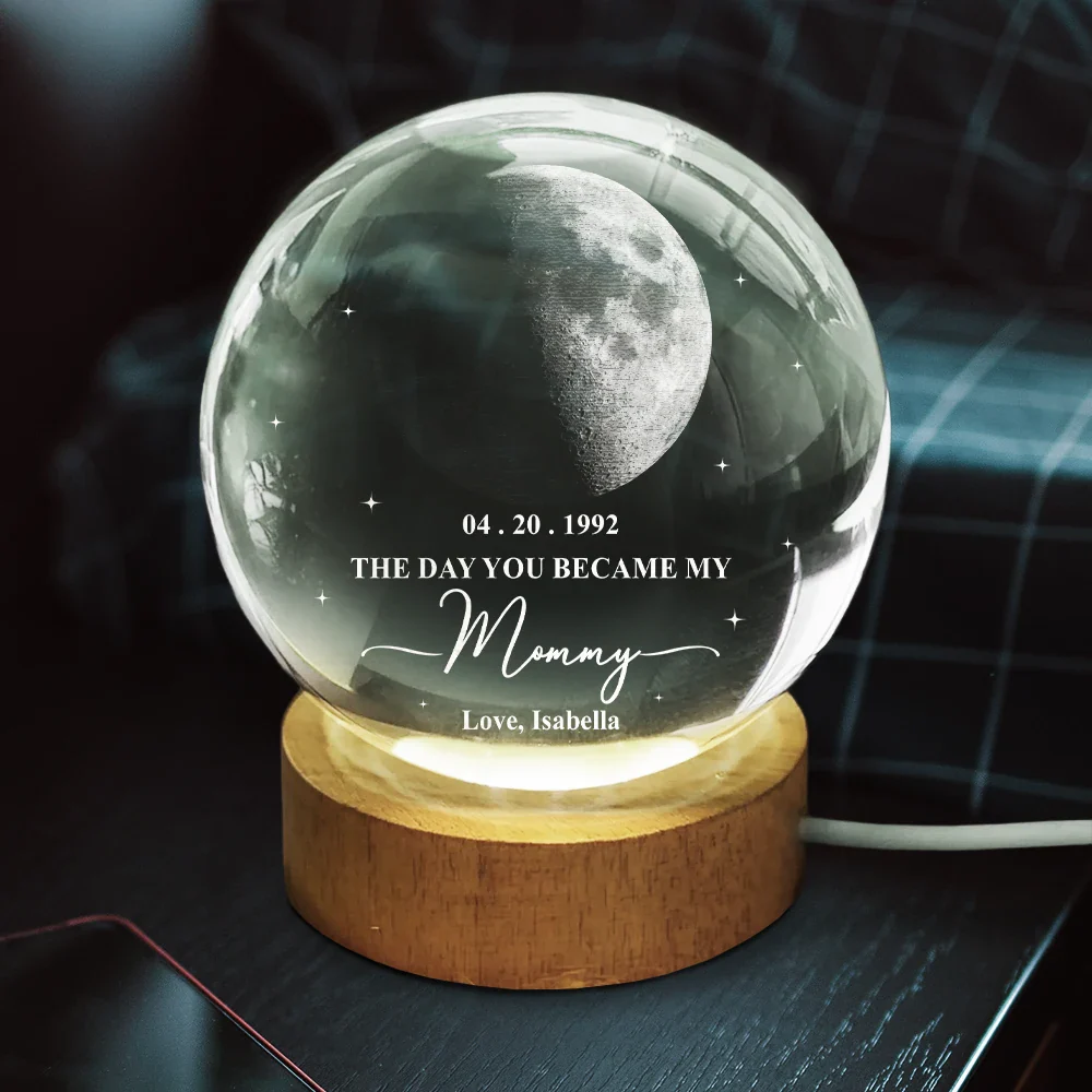 Moon Phase The Day You Became My Mommy Daddy - Personalized Crystal Globe Lamp - Image 3