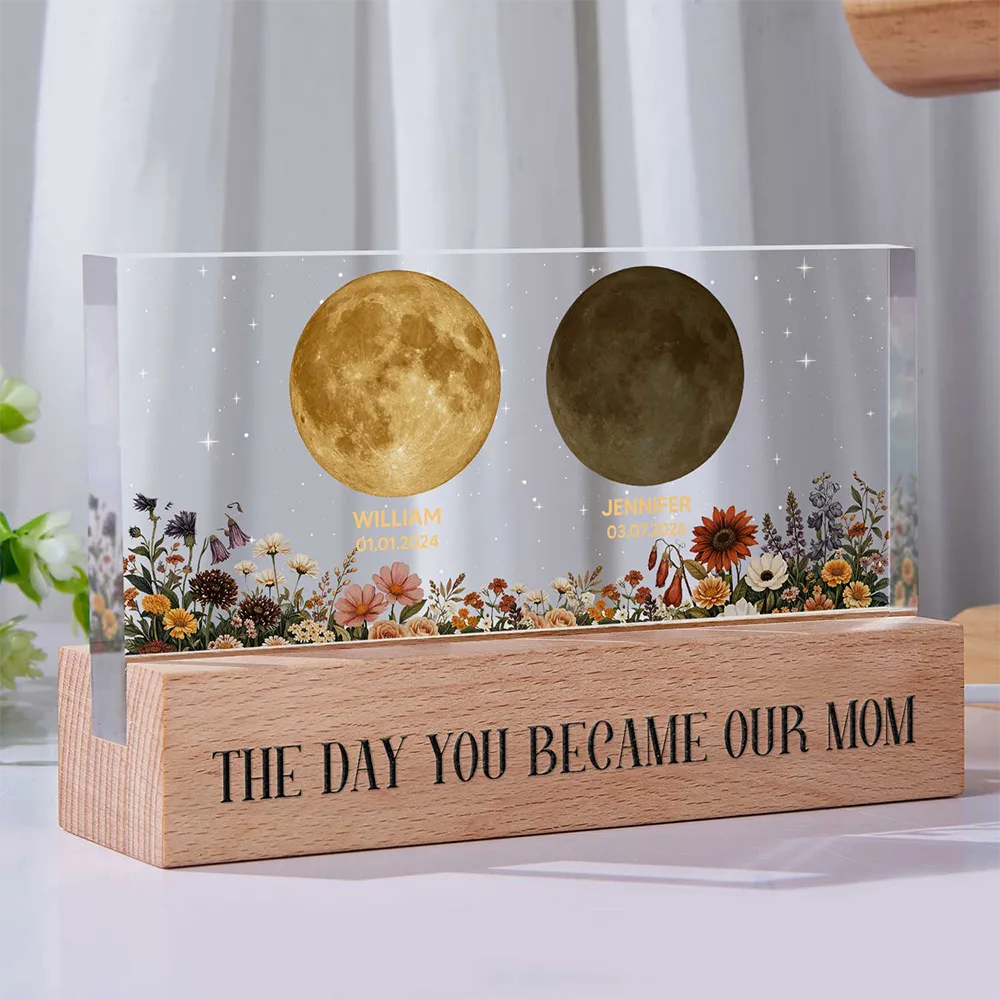 Moon Phase The Day You Become Mom Mum Grandma Vintage Style - Personalized Rectangle LED Light - Image 2