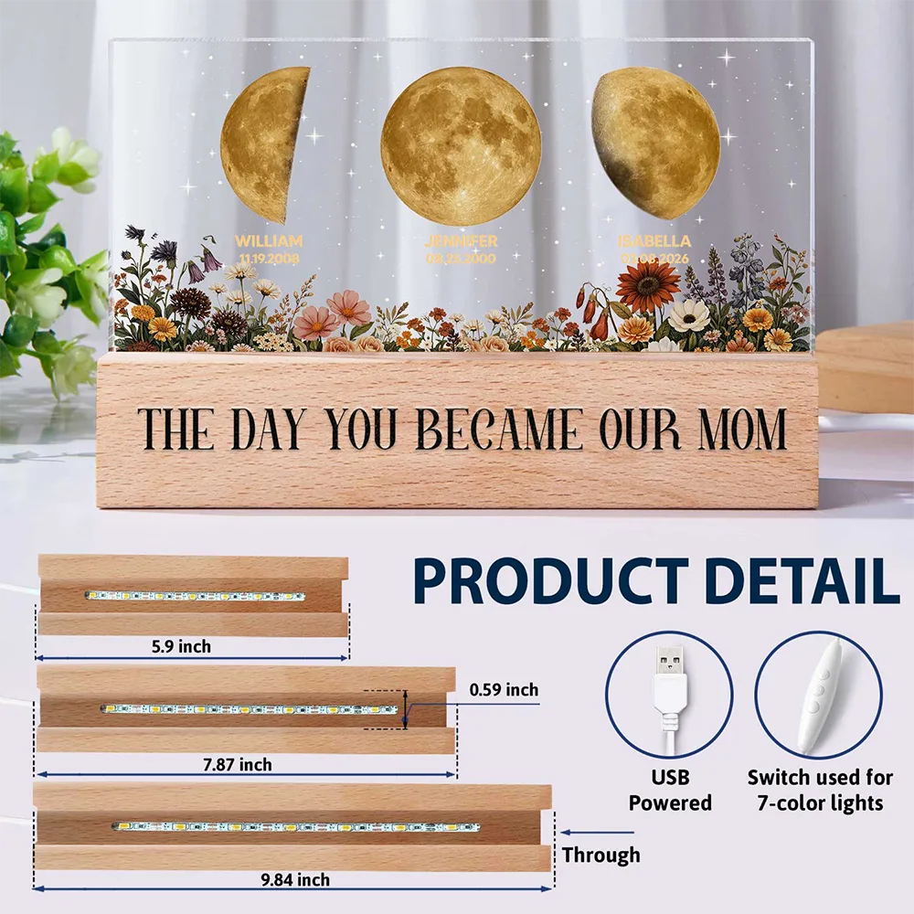 Moon Phase The Day You Become Mom Mum Grandma Vintage Style - Personalized Rectangle LED Light - Image 6
