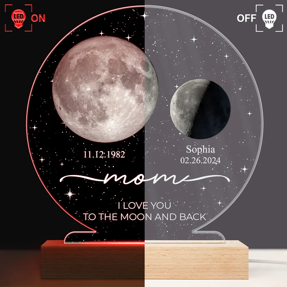 Moon Phase We Love You To The Moon And Back - Personalized 3D Led Light Wooden Base - Image 3