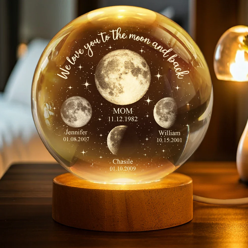 Moon Phase We Love You To The Moon And Back - Personalized Crystal Globe Lamp - Image 2