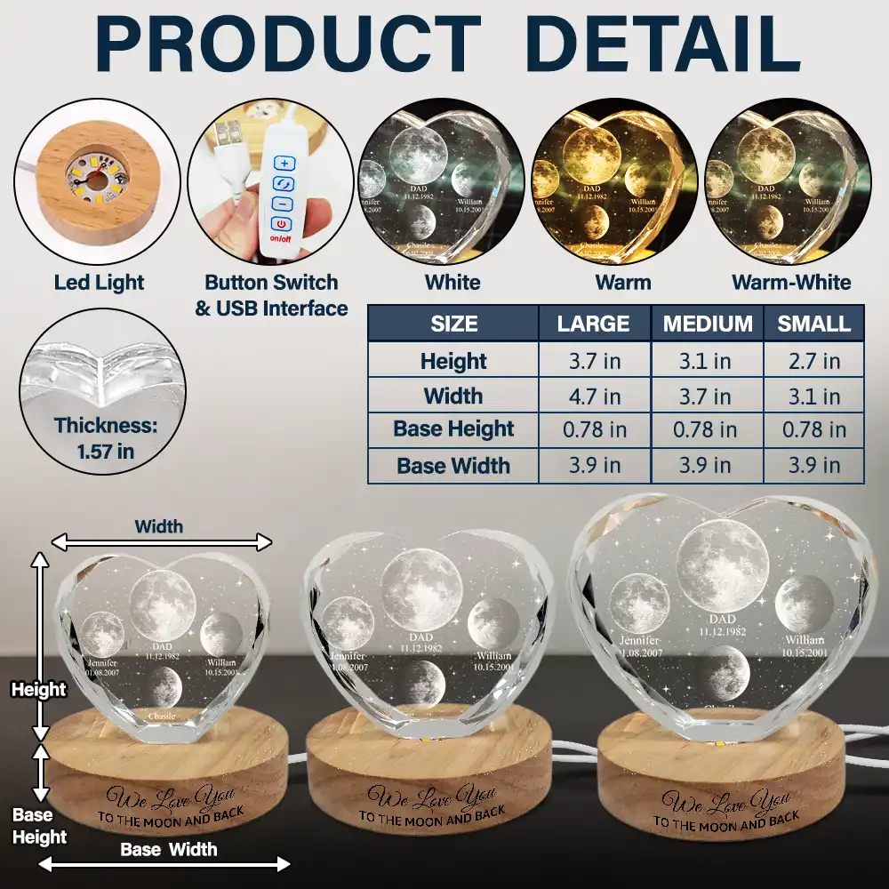 Moon Phase We Love You To The Moon And Back - Personalized Crystal Heart Shaped Lamp - Image 5