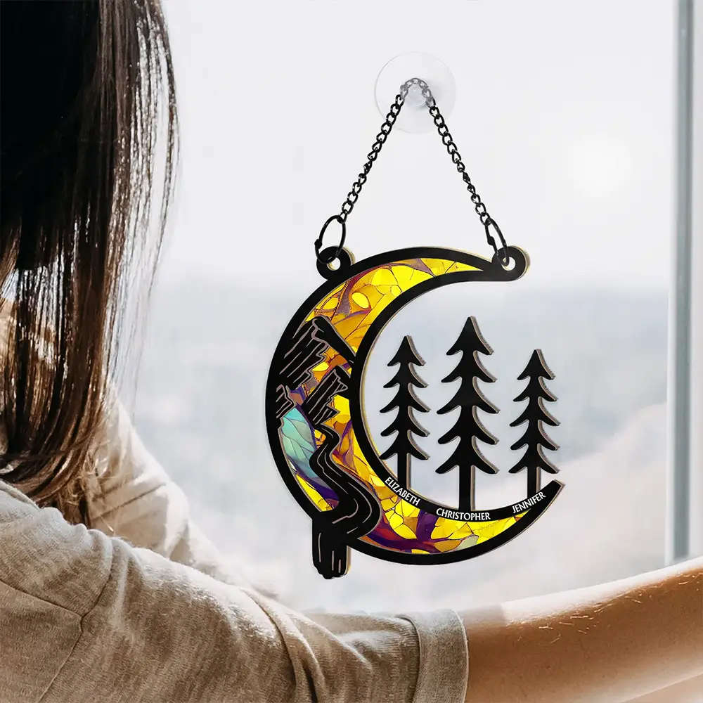 Moon Shape We Love You To The Wood And Back - Personalized Window Hanging Suncatcher Ornament - Image 4