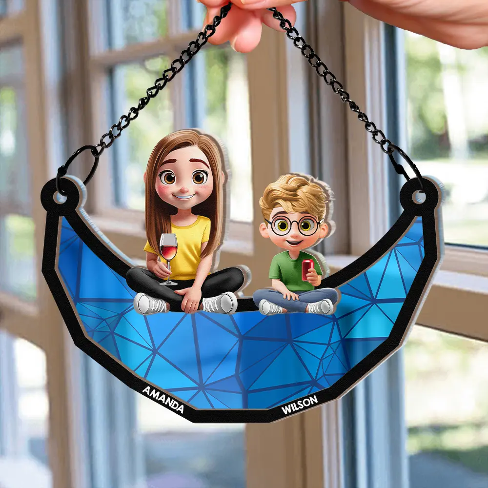 Moon Young Mother Daughter Son We Love You Mom 3D Cartoon - Personalized Window Hanging Suncatcher Ornament - Image 2