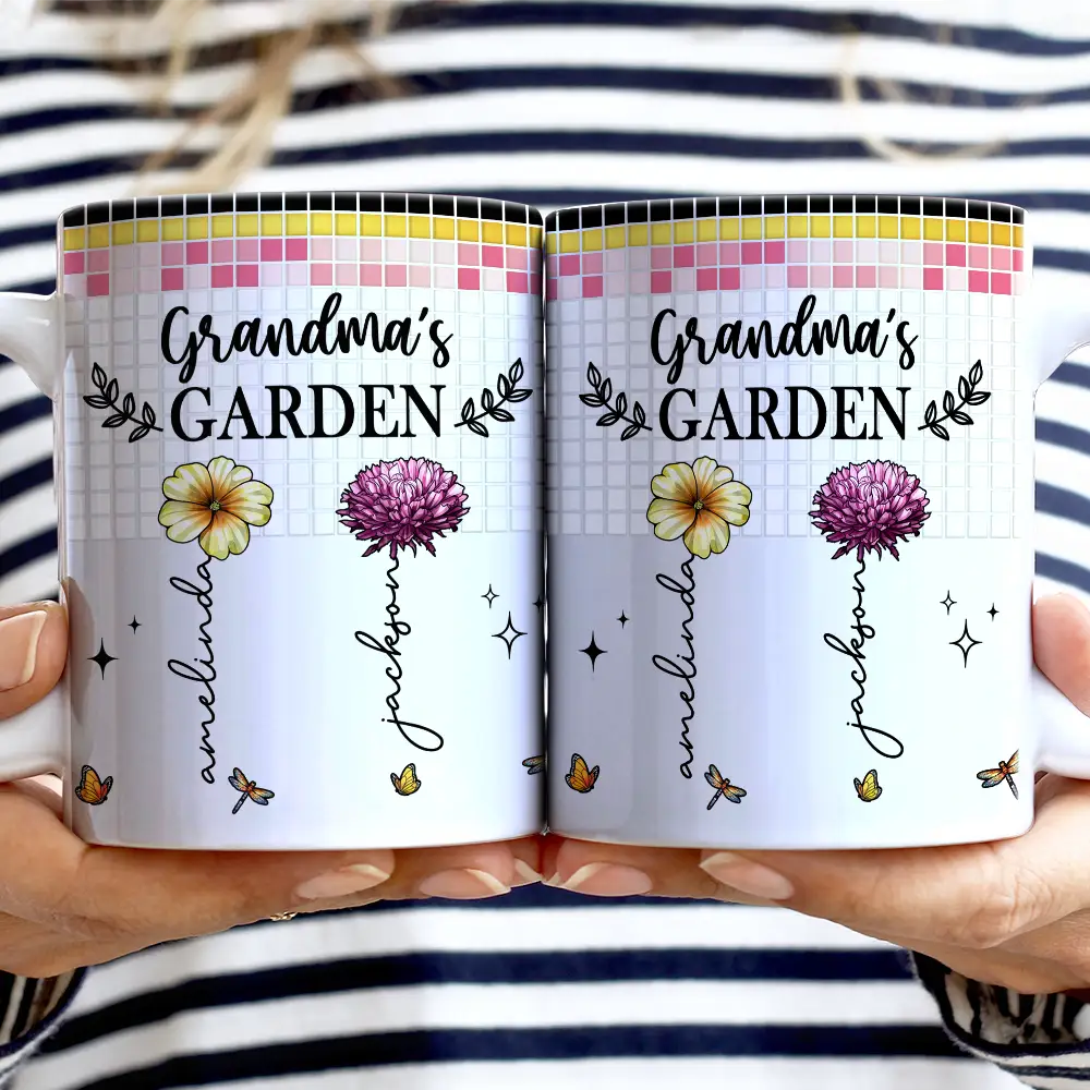 Mosaic Tiles Birth Flower Grandma's Garden - Personalized White Edge-to-Edge Mug - Image 2