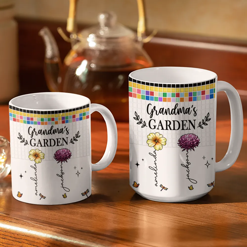 Mosaic Tiles Birth Flower Grandma's Garden - Personalized White Edge-to-Edge Mug - Image 3