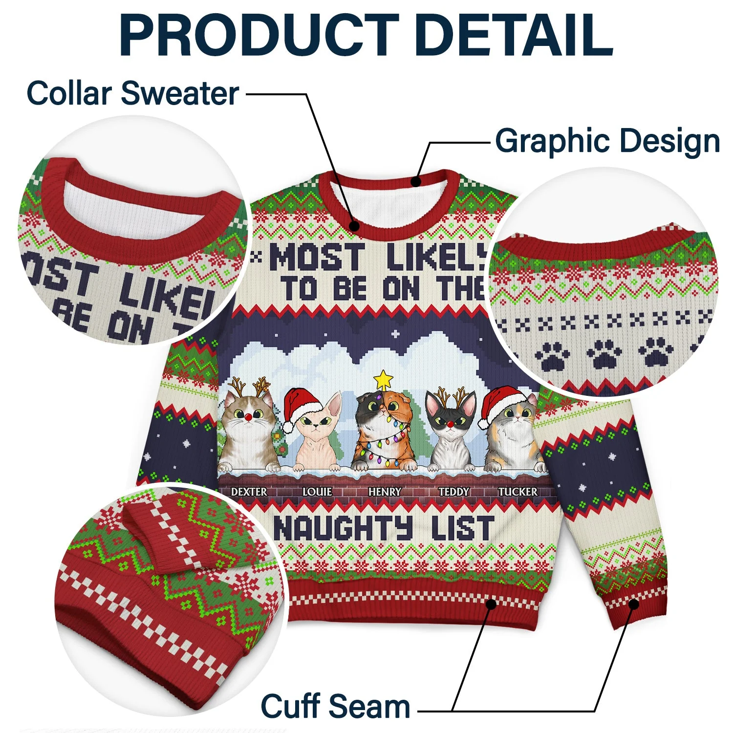 Most Likely To Be On The Naughty List - Funny, Christmas Gifts For Dog Lovers, Cat Lovers - Personalized Unisex Ugly Sweater - Image 6