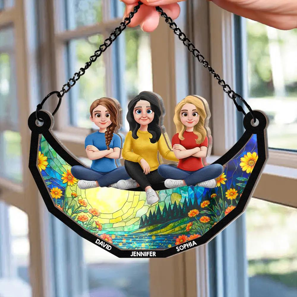 Mother And Children Sitting On The Moon 3D Effect - Personalized Window Hanging Suncatcher Ornament - Image 2