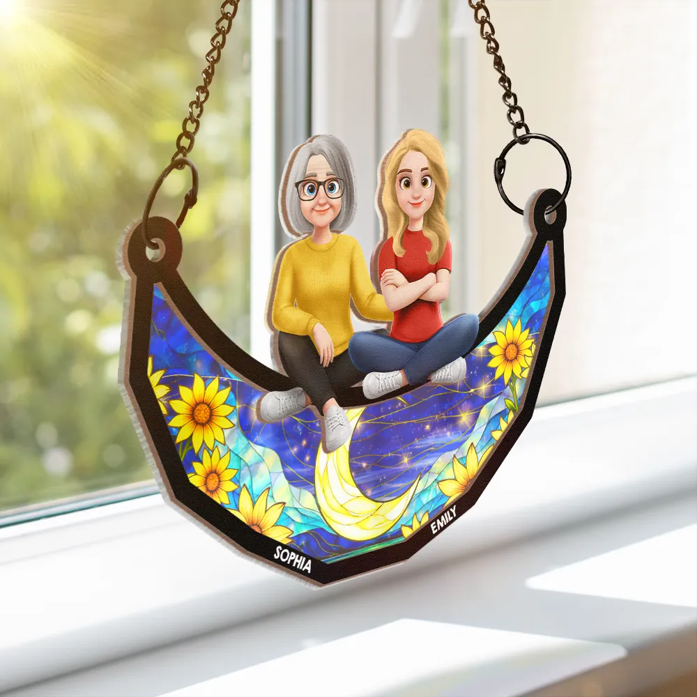 Mother And Children Sitting On The Moon 3D Effect - Personalized Window Hanging Suncatcher Ornament - Image 3