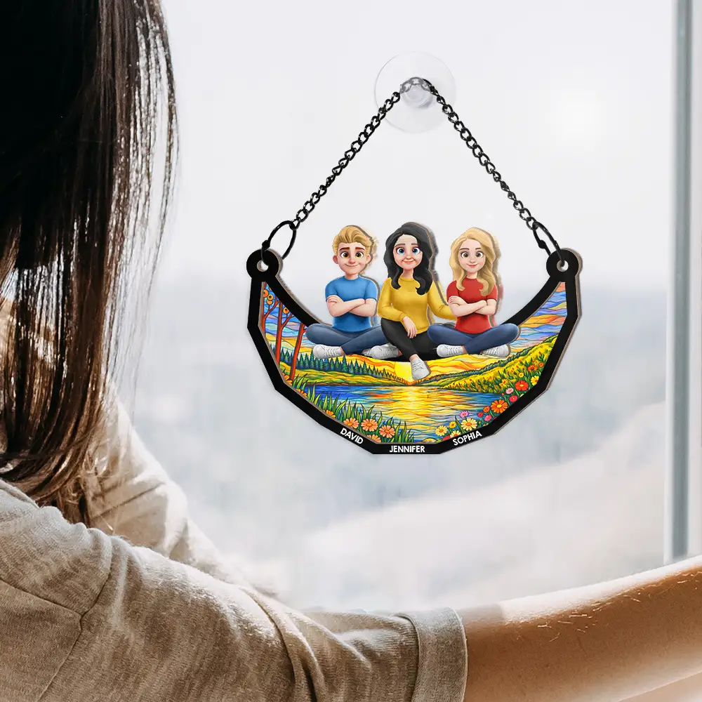 Mother And Children Sitting On The Moon 3D Effect - Personalized Window Hanging Suncatcher Ornament - Image 4