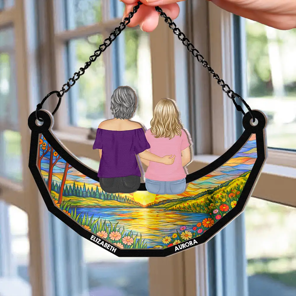 Mother And Children Sitting On The Moon - Personalized Window Hanging Suncatcher Ornament - Image 2