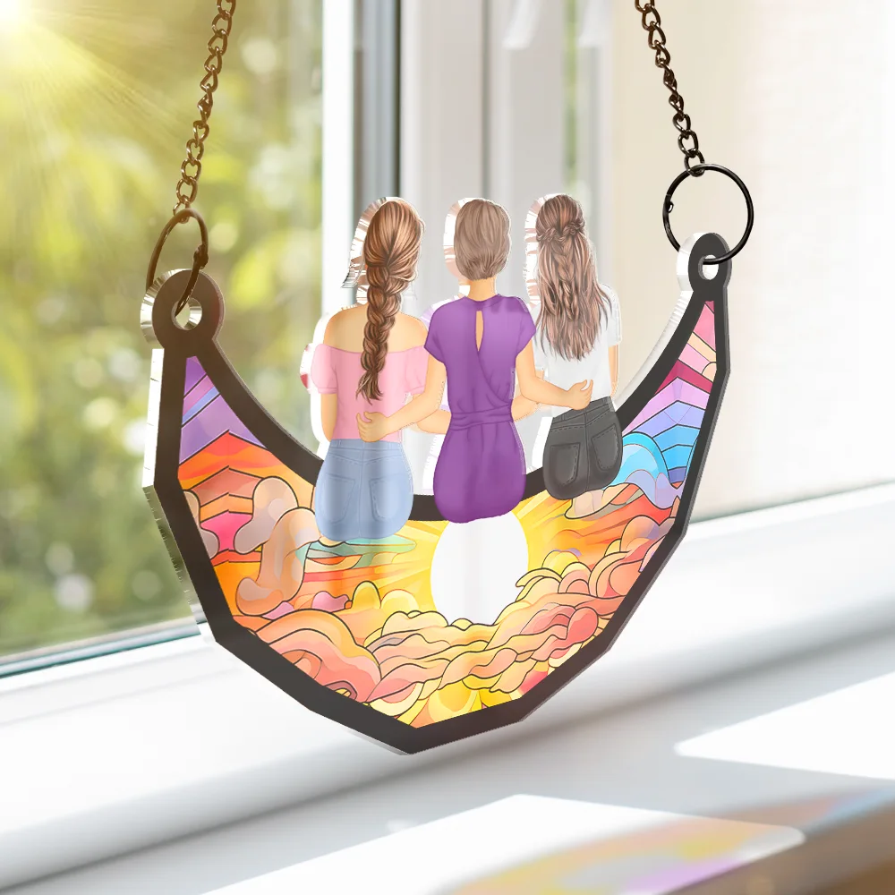 Mother And Children Sitting On The Moon - Personalized Window Hanging Suncatcher Ornament - Image 3