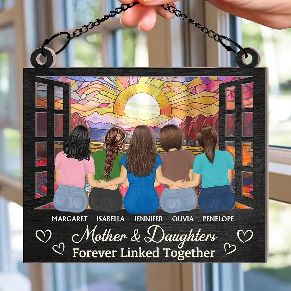 Mother And Daughter Children Forever Linked Together - Personalized Window Hanging Suncatcher Ornament - Image 2