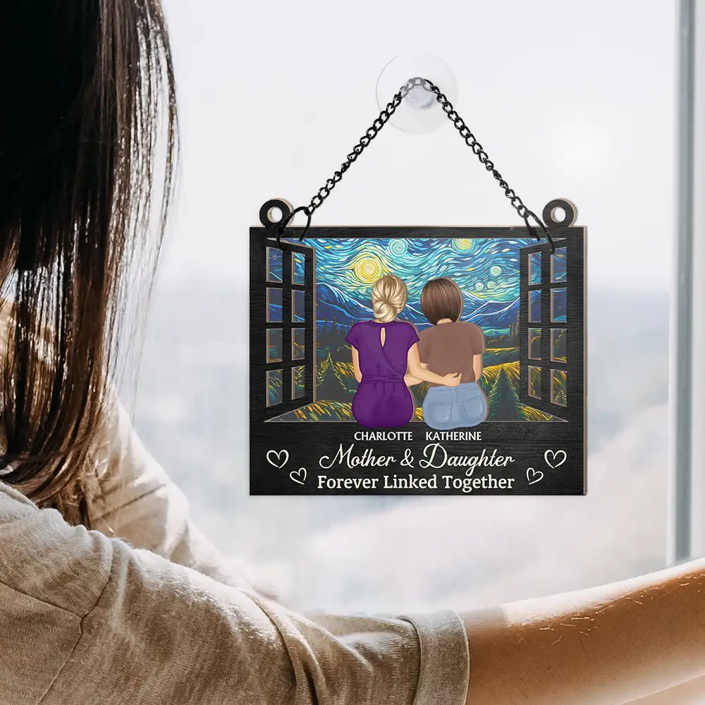 Mother And Daughter Children Forever Linked Together - Personalized Window Hanging Suncatcher Ornament - Image 4