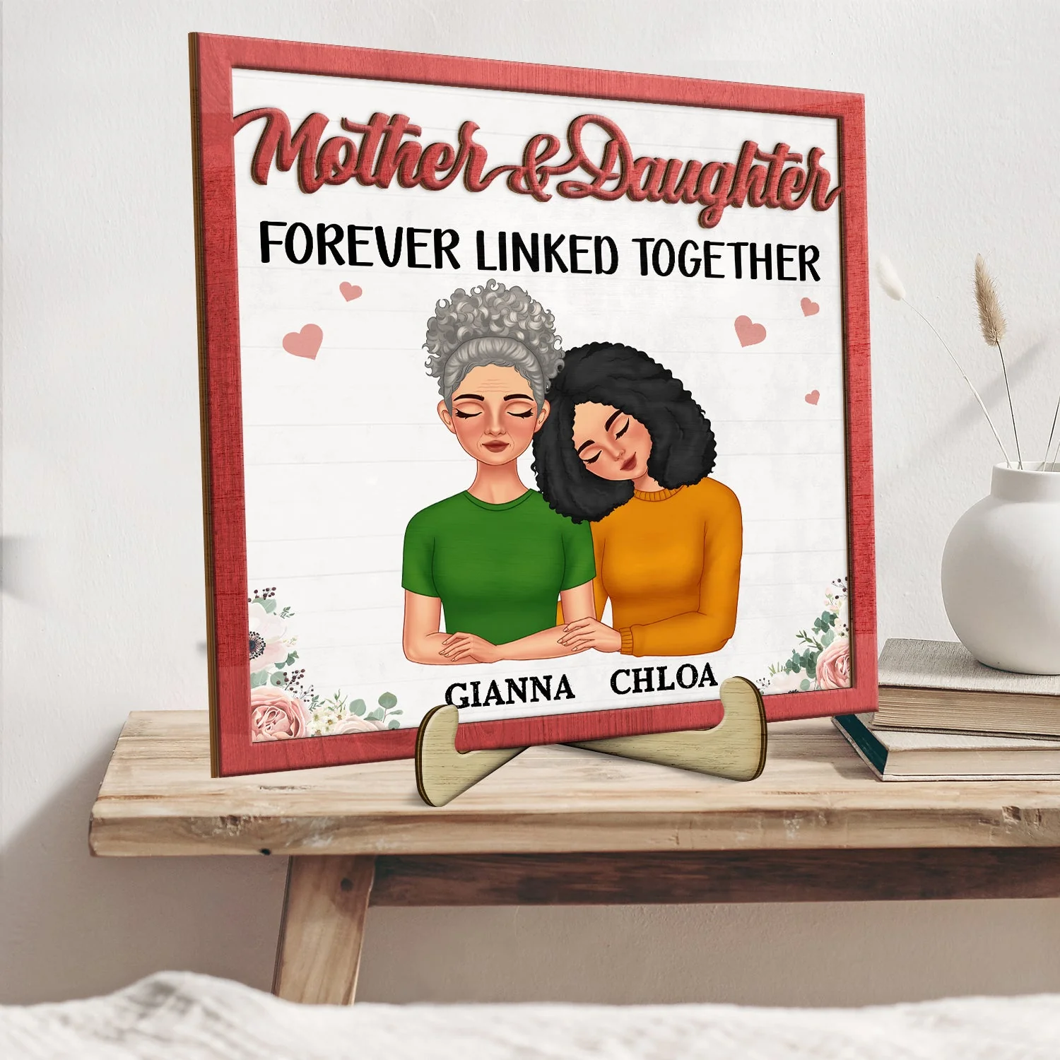 Mother And Daughters Forever Linked Together Doll Face - Gift For Mom, Mother, Grandma - Personalized 2-Layered Wooden Plaque With Stand - Image 2