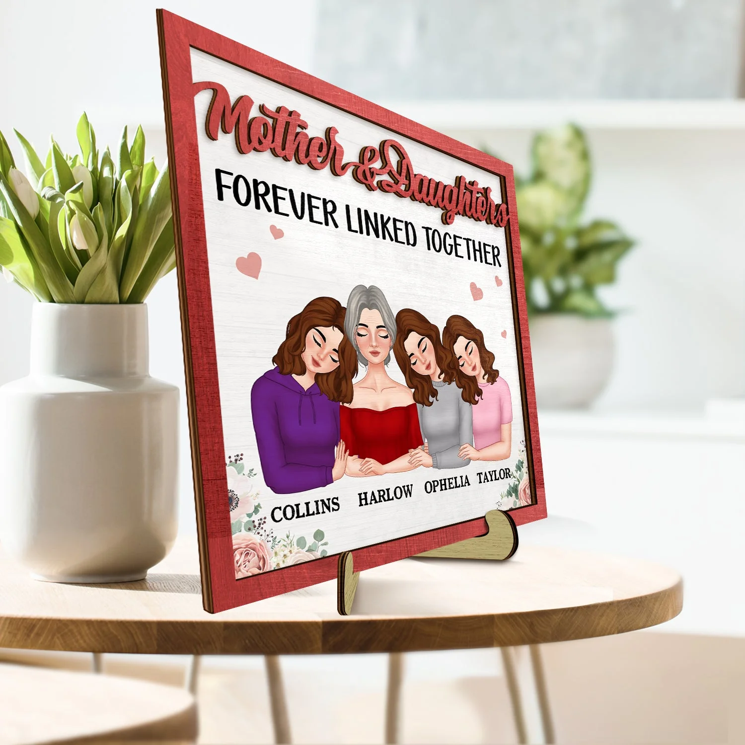 Mother And Daughters Forever Linked Together Doll Face - Gift For Mom, Mother, Grandma - Personalized 2-Layered Wooden Plaque With Stand - Image 3