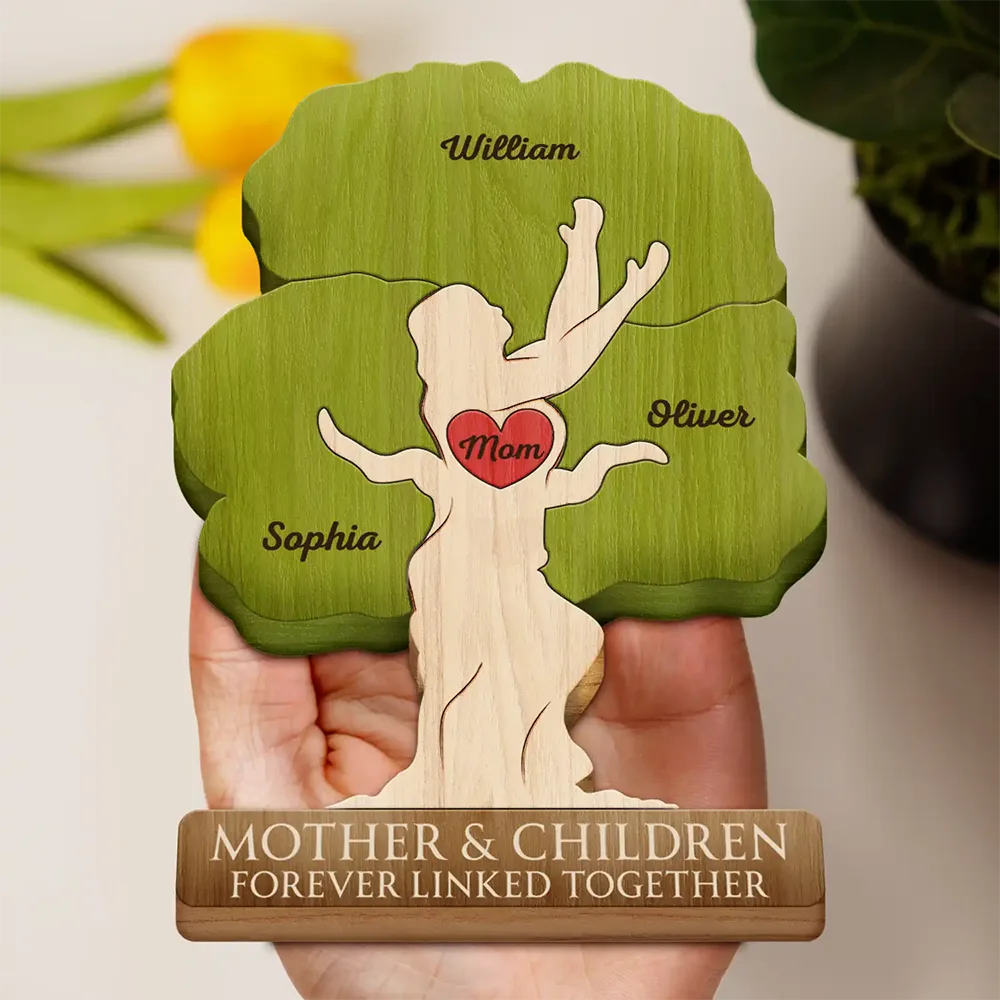 Mother & Children Forever Linked Together - Personalized Custom Shaped Wooden Puzzle - Image 3
