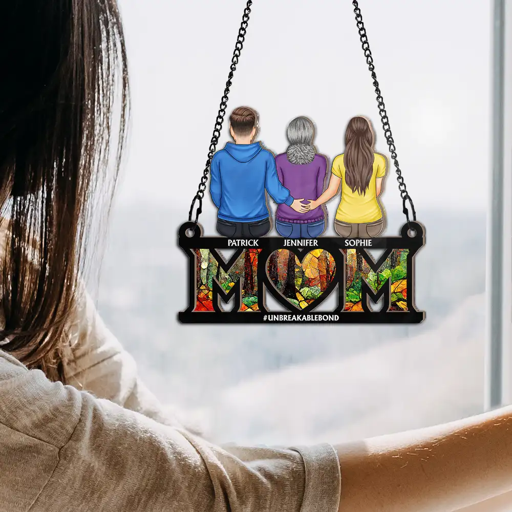 Mother & Children Sitting Bakside Unbreakable Bond - Personalized Window Hanging Suncatcher Ornament - Image 4