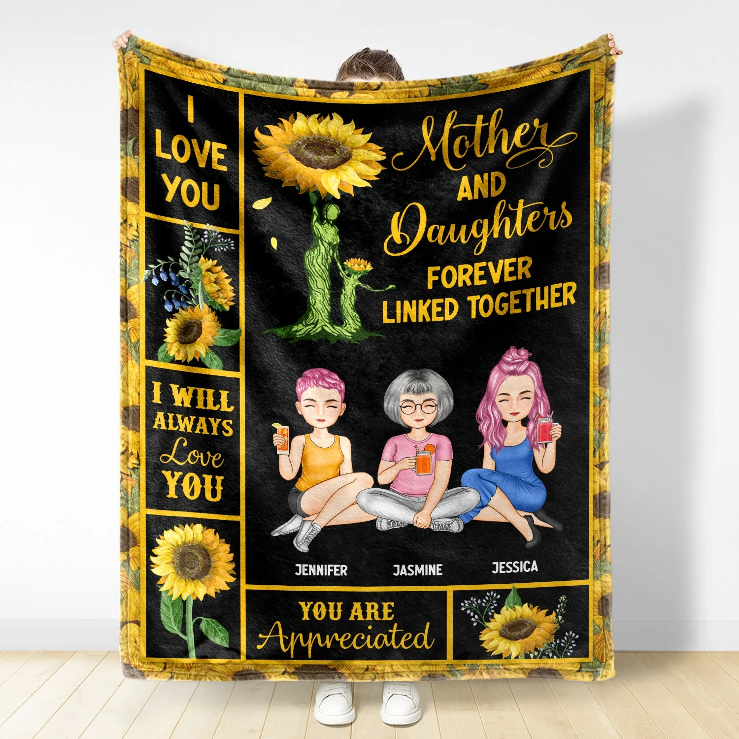 Mother & Children Sunflower Forever Linked Together - Gift For Mother - Personalized Fleece Blanket - Image 2