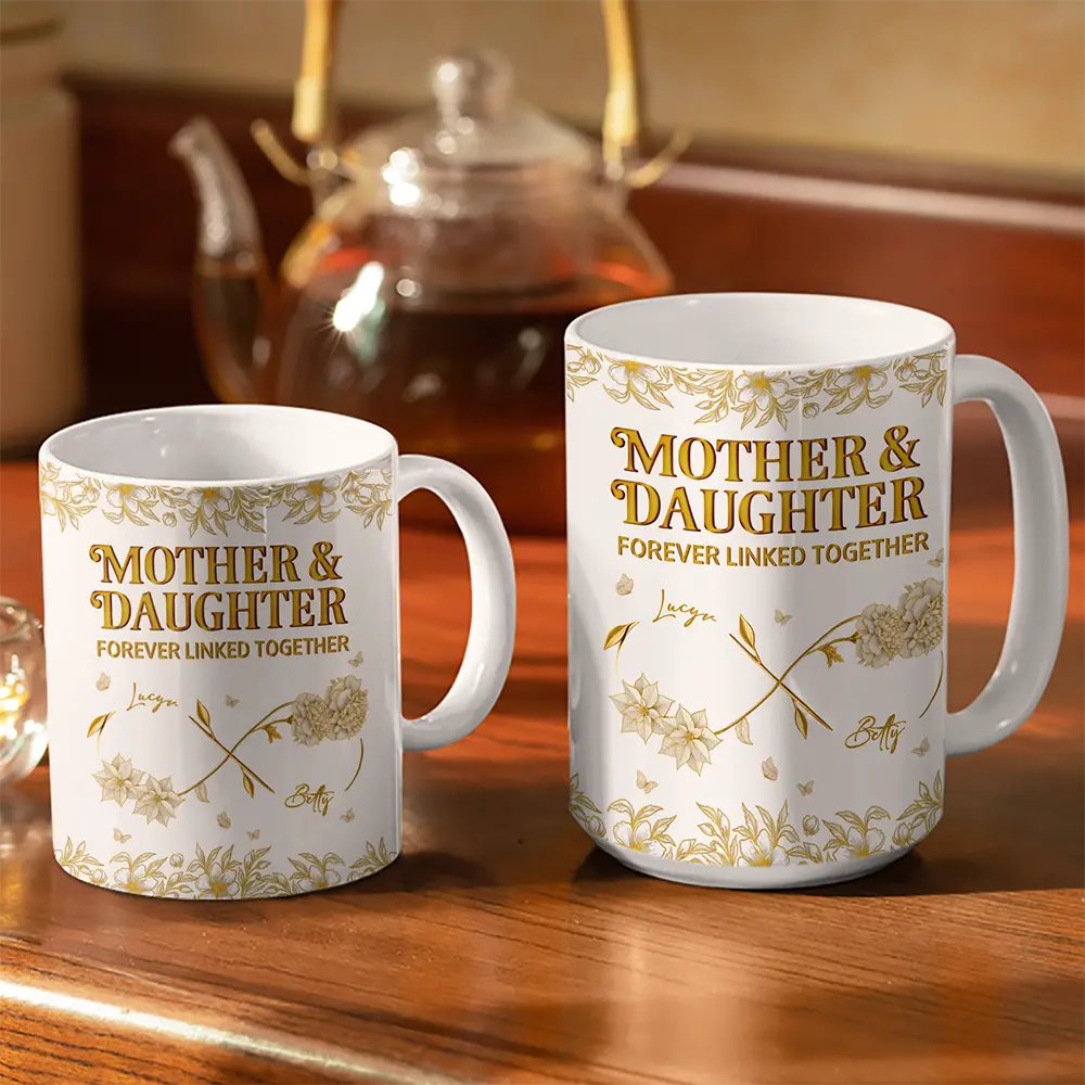 Mother & Daughter Forever Linked Together - Personalized White Edge-to-Edge Mug - Image 3