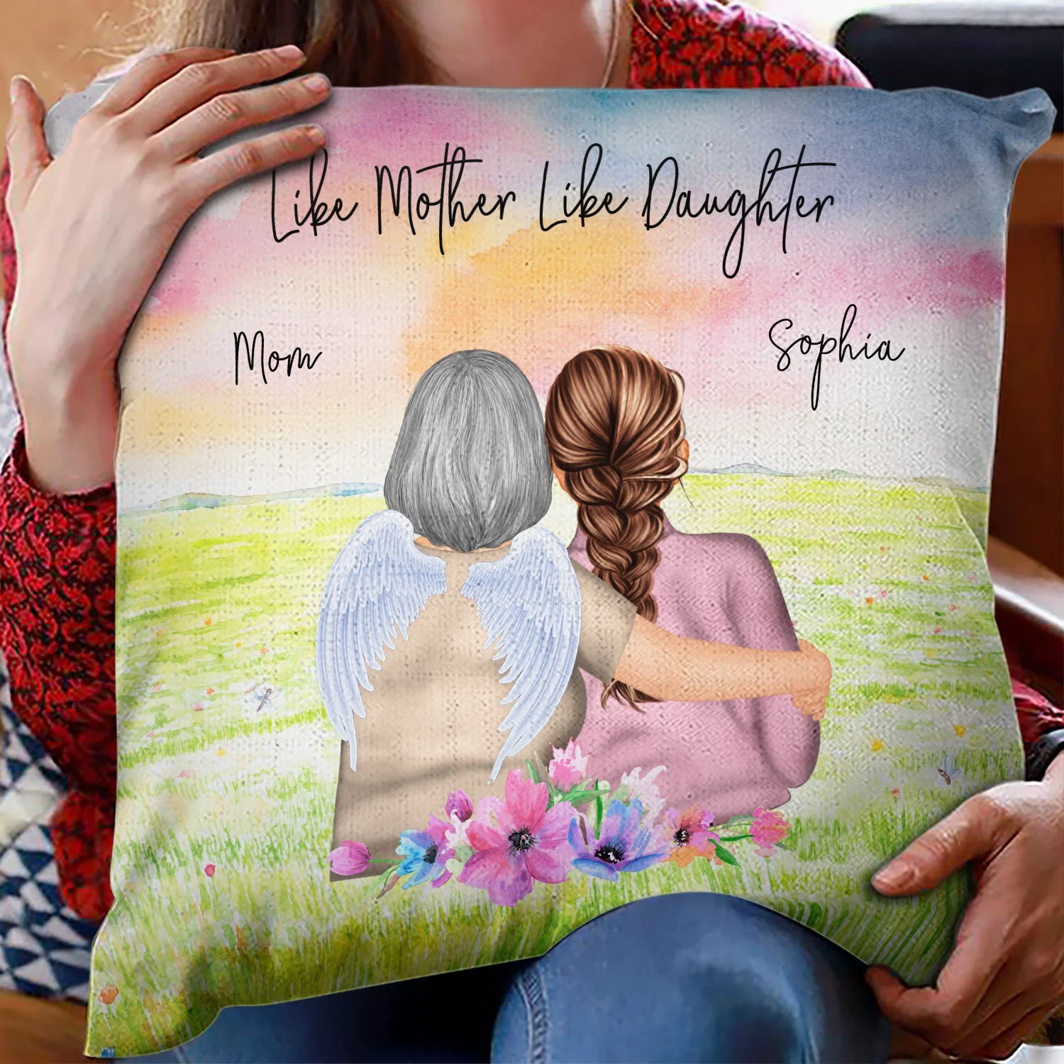 Mother & Daughter Forever Linked Together Watercolor Style - Gift For Mom, Daughter & Grandma - Personalized Custom Pillow - Image 2