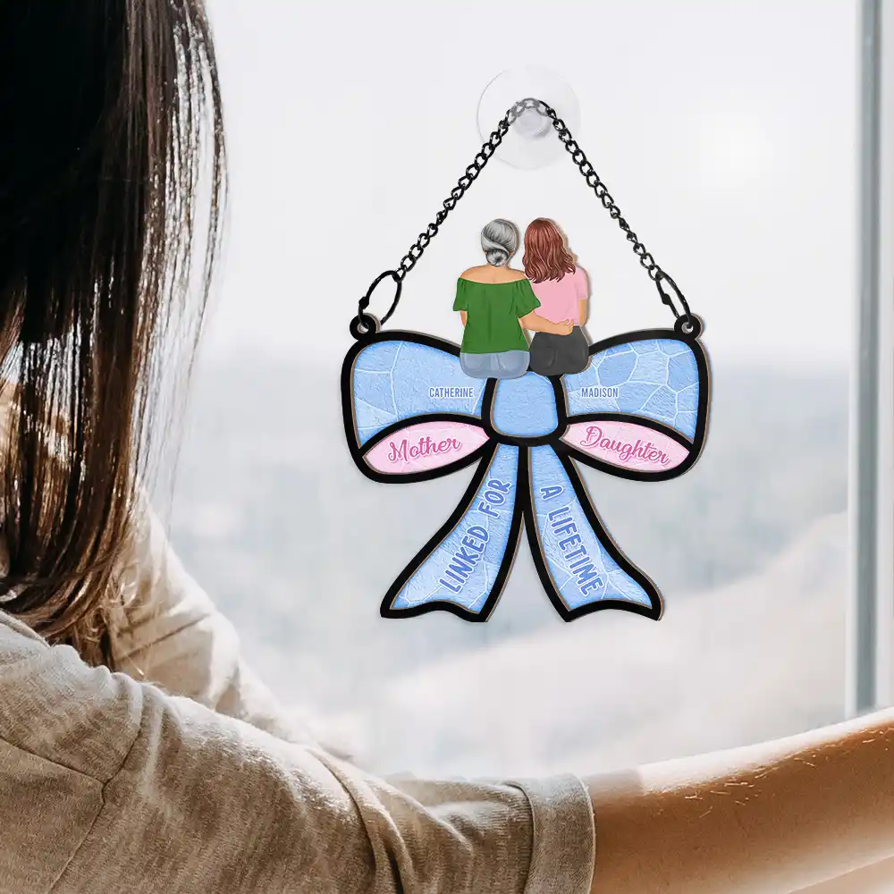 Mother Daughter Linked For A Lifetime - Personalized Window Hanging Suncatcher Ornament - Image 4