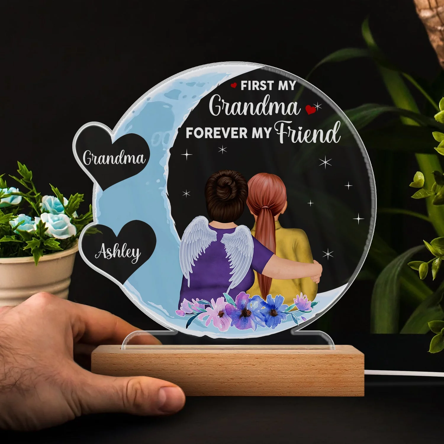 Mother & Daughter Love You To The Moon And Back - Birthday, Loving Gift For Mom, Grandma, Grandmother, Granddaughter - Personalized Custom 3D Led Light Wooden Base - Image 4