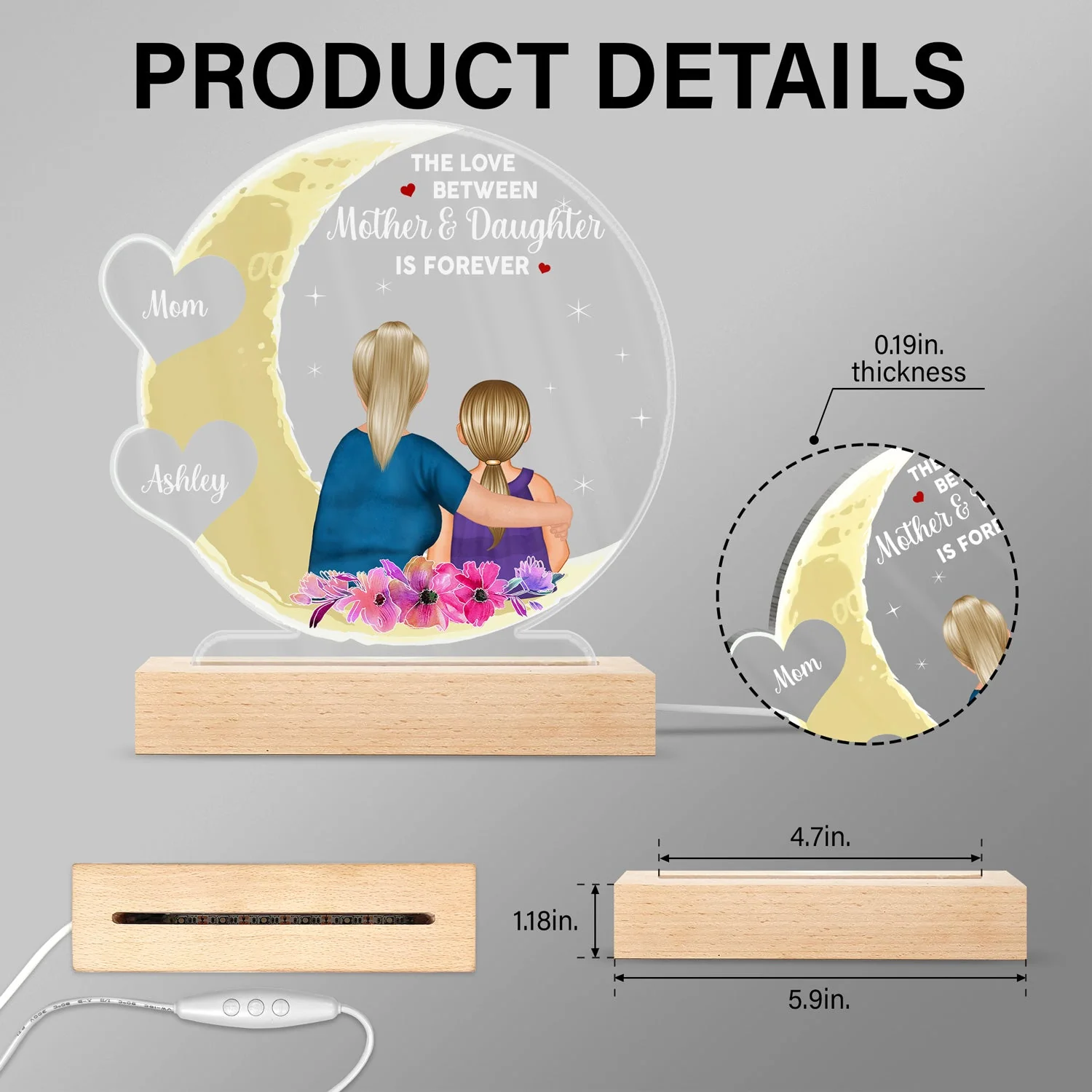 Mother & Daughter Love You To The Moon And Back - Birthday, Loving Gift For Mom, Grandma, Grandmother, Granddaughter - Personalized Custom 3D Led Light Wooden Base - Image 5