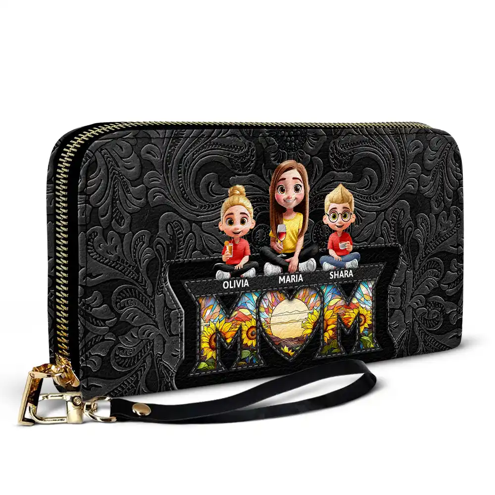 Mother Daughter Son We Love You Mom 3D Cartoon - Personalized Leather Long Wallet - Image 2