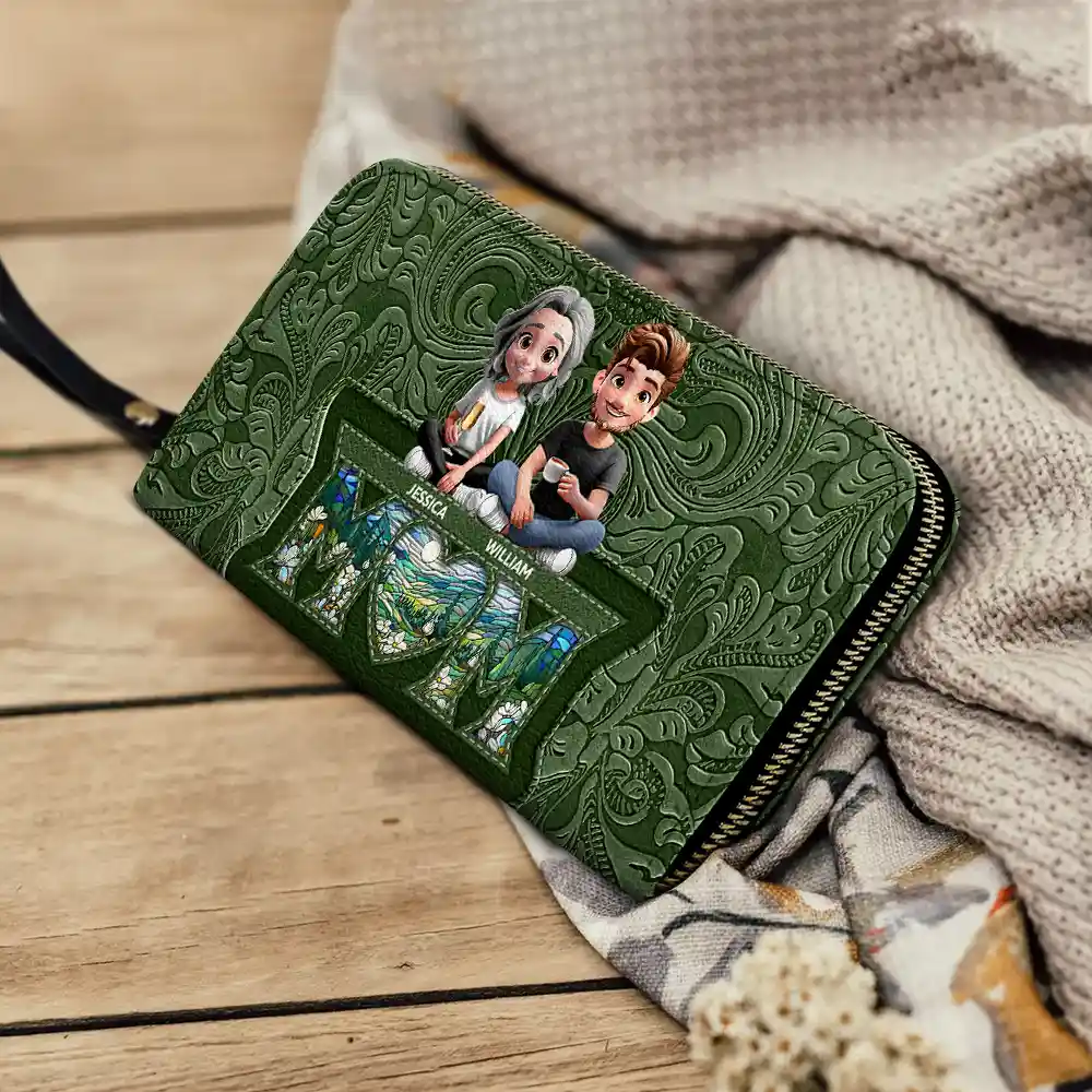 Mother Daughter Son We Love You Mom 3D Cartoon - Personalized Leather Long Wallet - Image 4