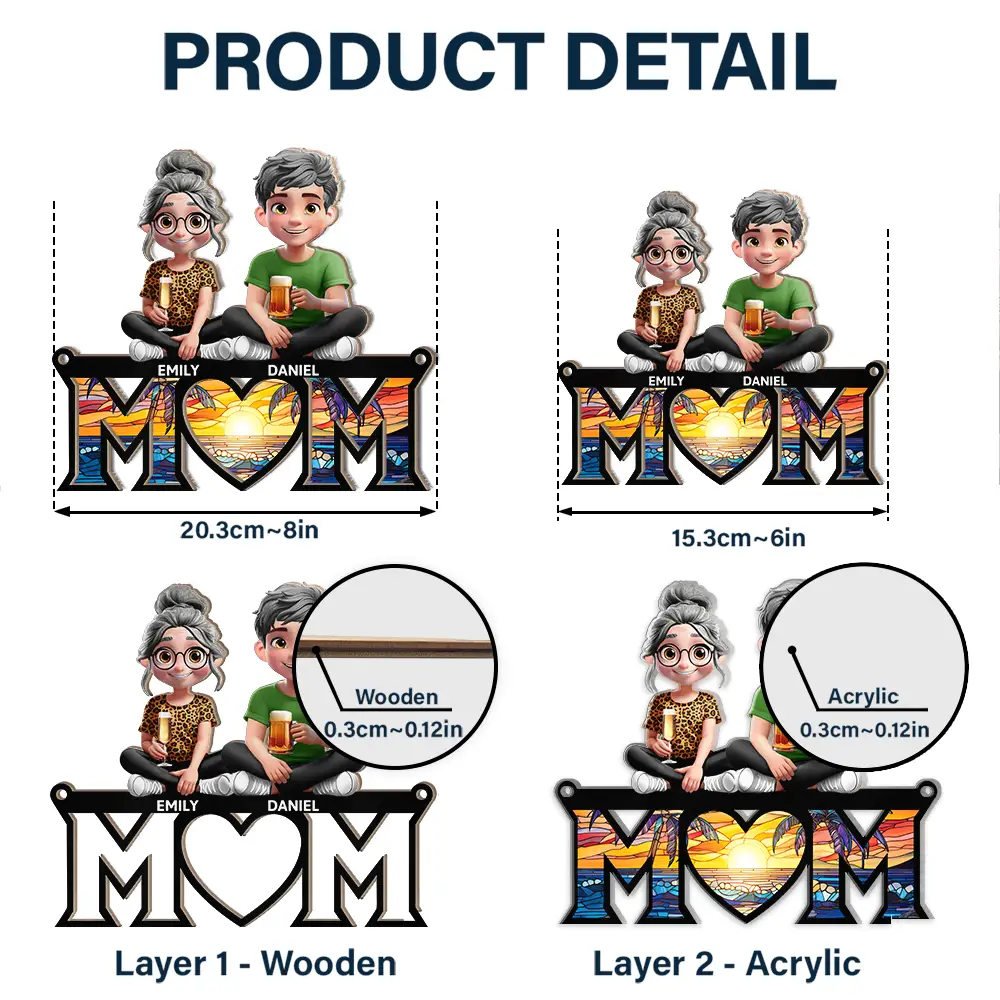 Mother Daughter Son We Love You Mom 3D Cartoon - Personalized Window Hanging Suncatcher Ornament - Image 5