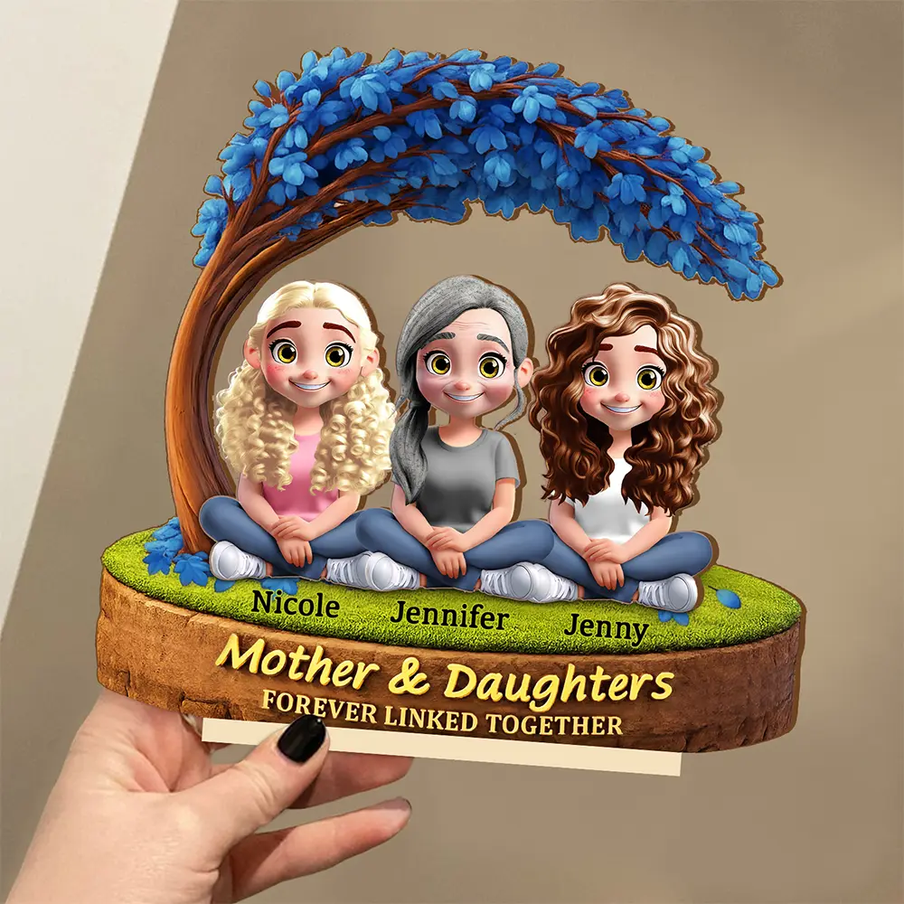 Mother Daughter Under The Tree Forever Linked Together - Personalized Custom Shaped 2-Layered Wooden Plaque - Image 3