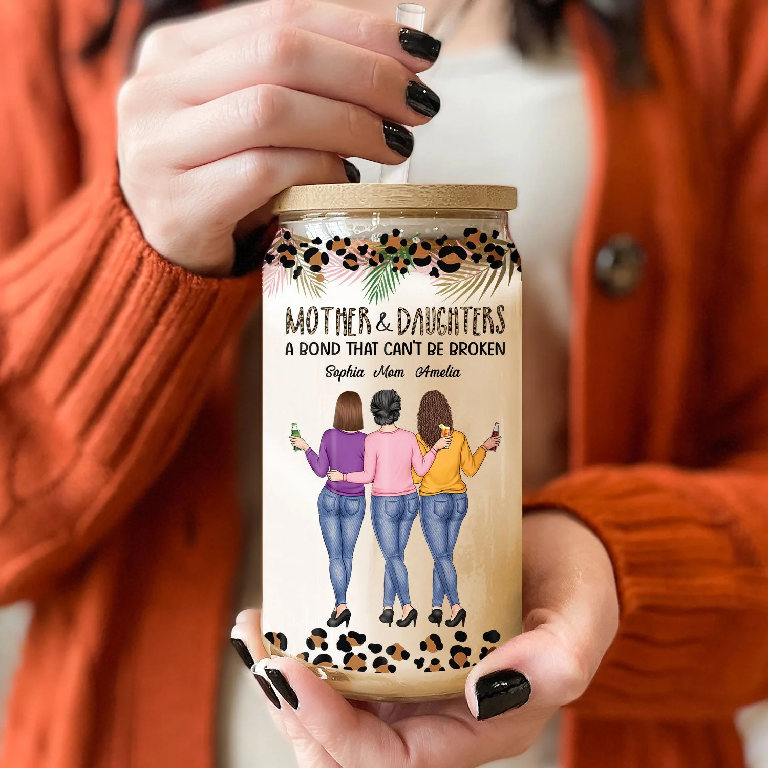 Mother & Daughters A Bond That Can't Be Broken - Gift For Mom, Mother, Grandma - Personalized Clear Glass Can - Image 2