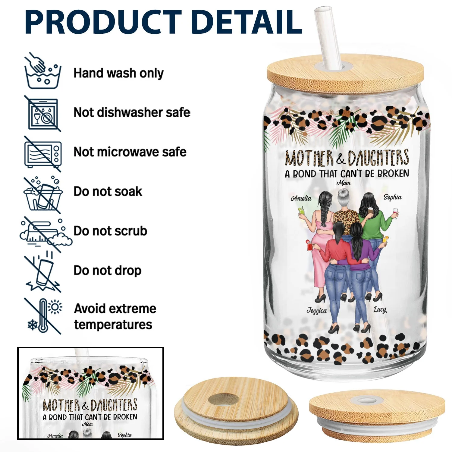 Mother & Daughters A Bond That Can't Be Broken - Gift For Mom, Mother, Grandma - Personalized Clear Glass Can - Image 4