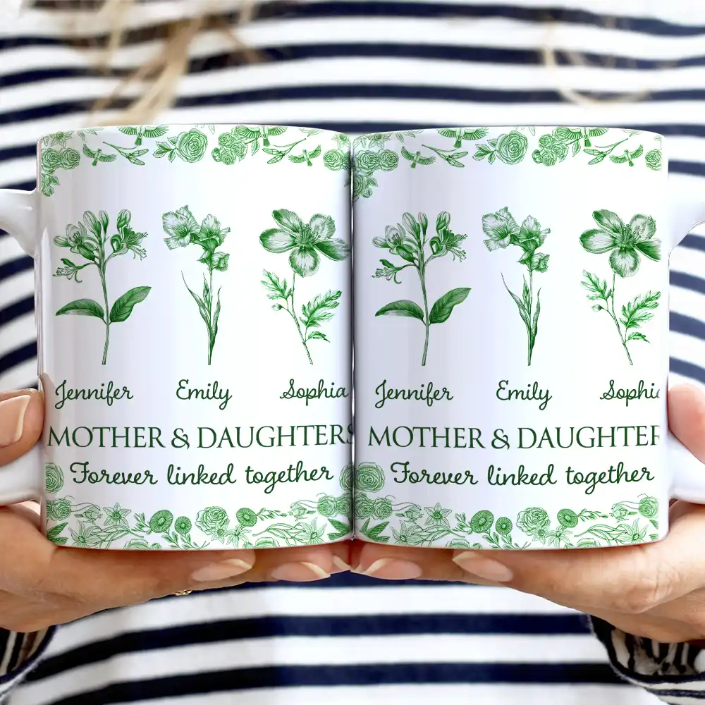 Mother & Daughters Forever Linked Together Toile Birth Flower - Personalized White Edge-to-Edge Mug - Image 2