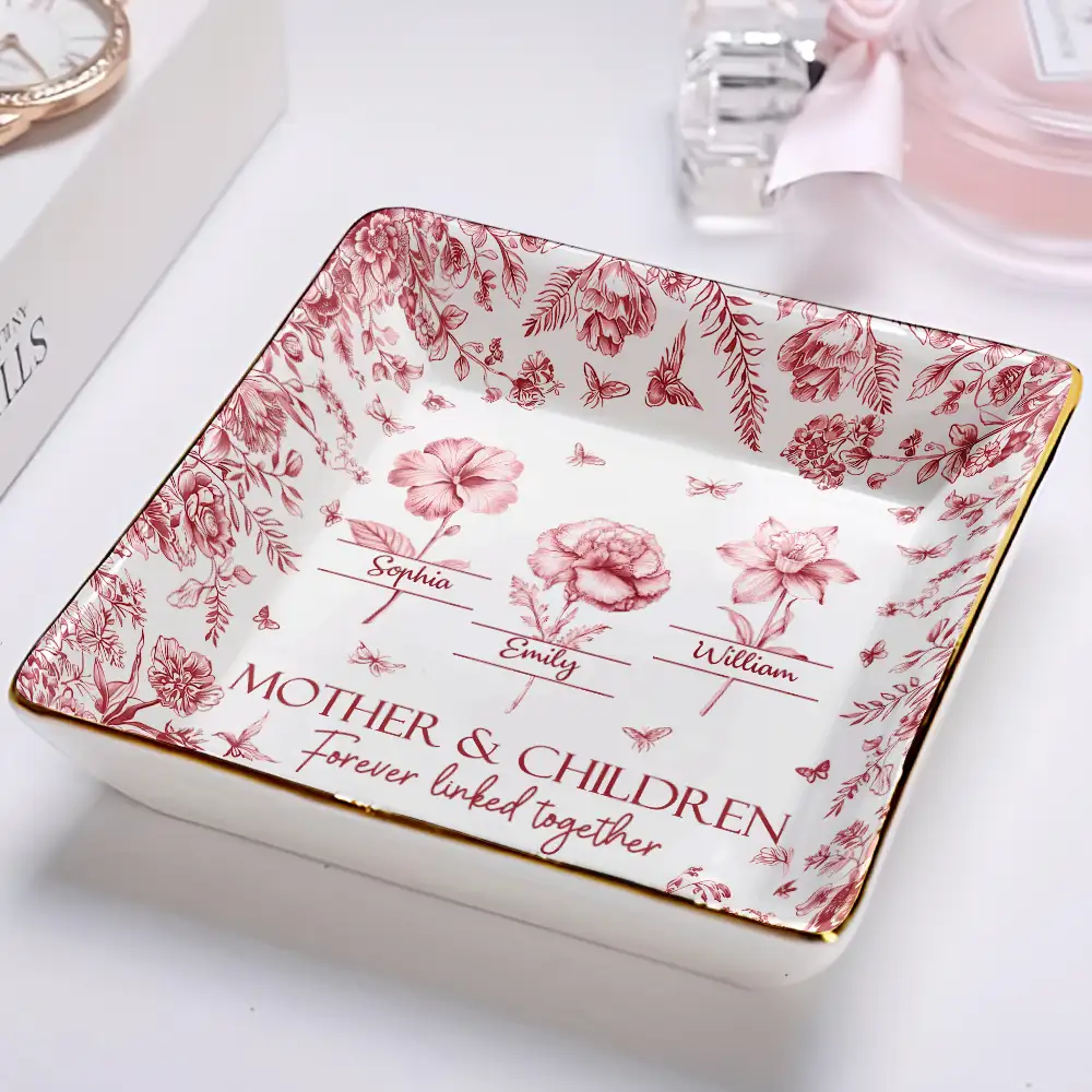 Mother & Daughters Forever Linked Together Toile Birth Month Flower - Personalized Ring Dish - Image 2