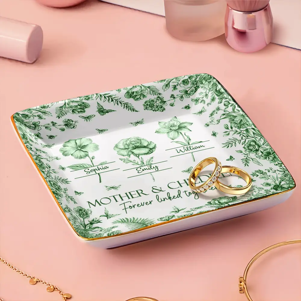 Mother & Daughters Forever Linked Together Toile Birth Month Flower - Personalized Ring Dish - Image 3