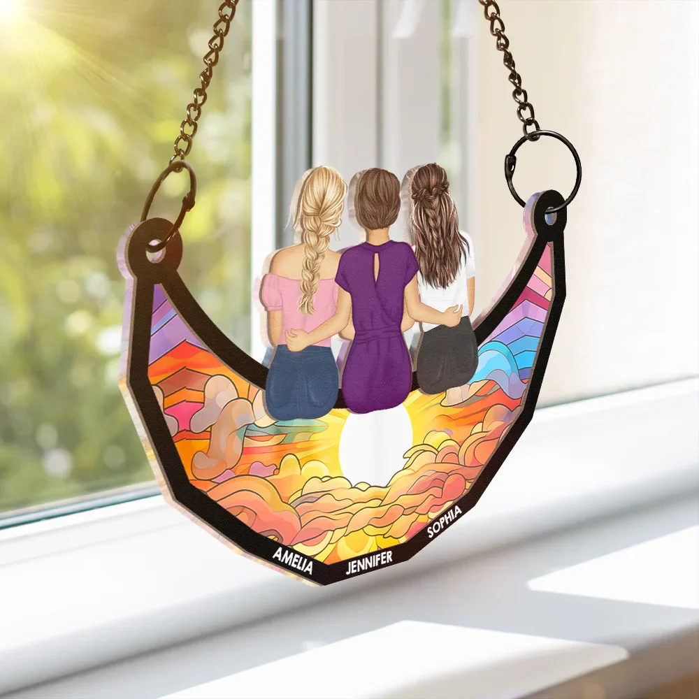 Mother & Daughters On The Moon - Personalized Window Hanging Suncatcher Ornament - Image 3