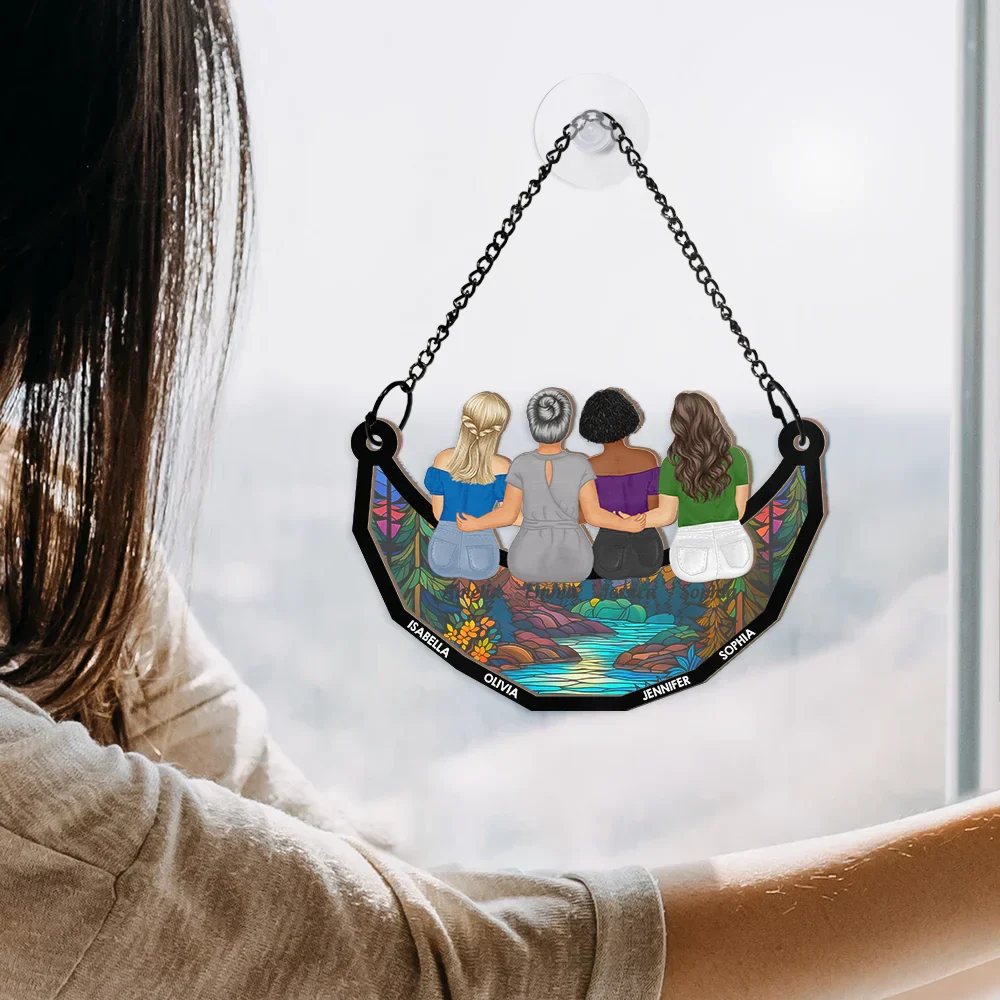 Mother & Daughters On The Moon - Personalized Window Hanging Suncatcher Ornament - Image 4