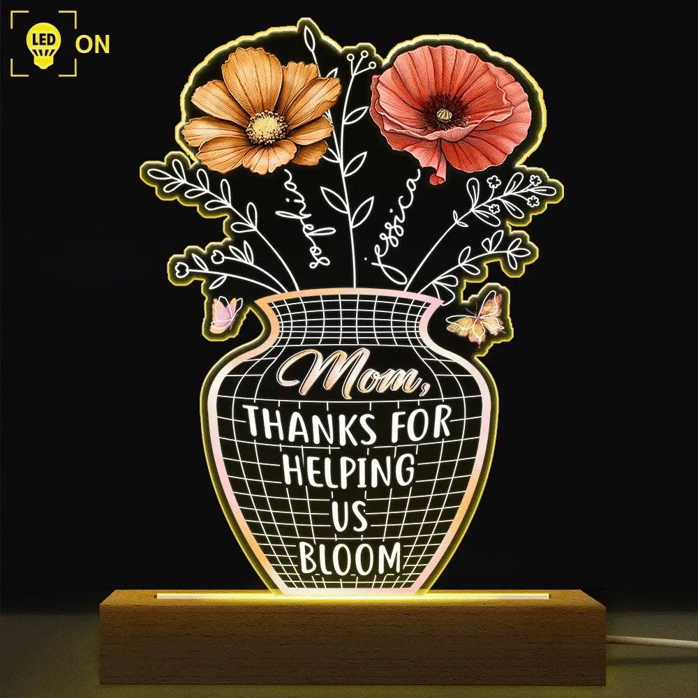 Mother Thanks For Helping Us Bloom Birth Flower - Personalized 3D Led Light Wooden Base - Image 2