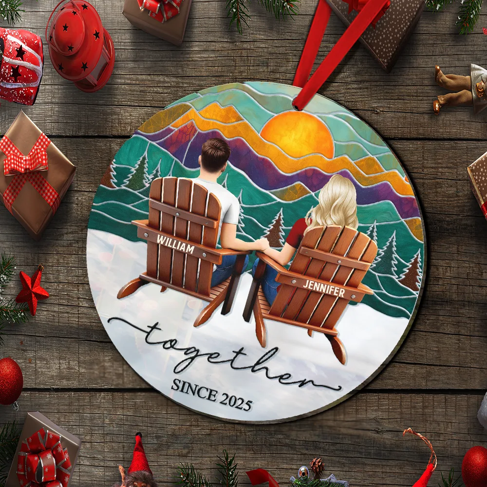Mountain Landscape Couple Sitting Together Married Engaged - Personalized Custom Shaped Mirror Ornament - Image 5