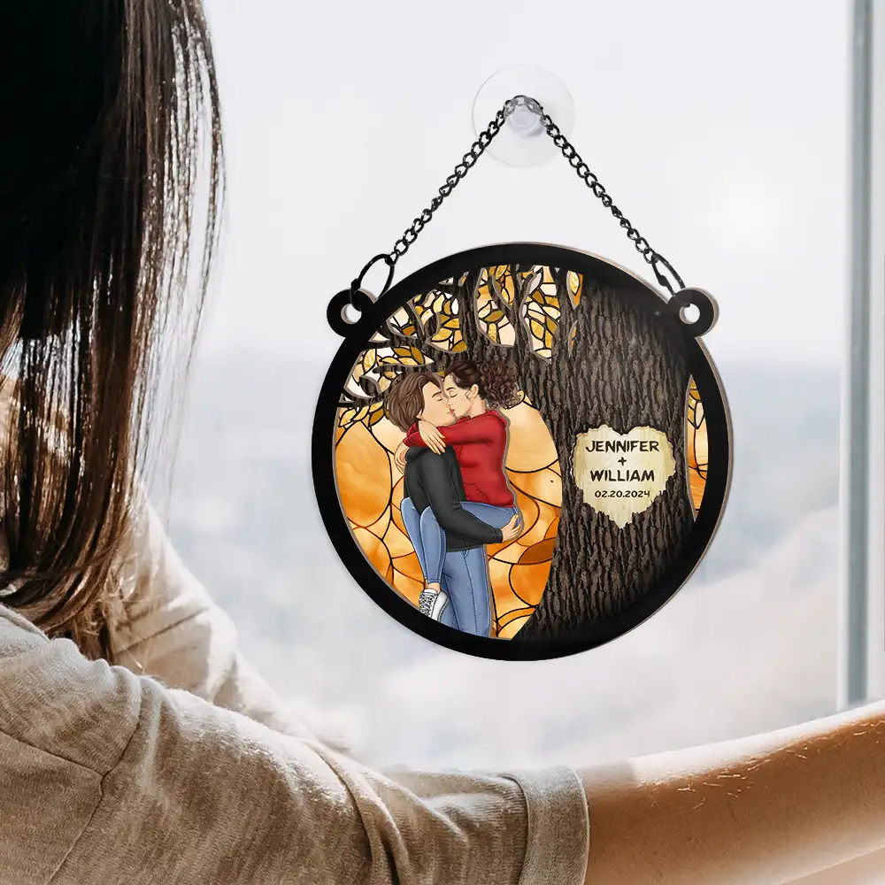 Mr & Mrs By The Tree - Personalized Window Hanging Suncatcher Ornament - Image 4