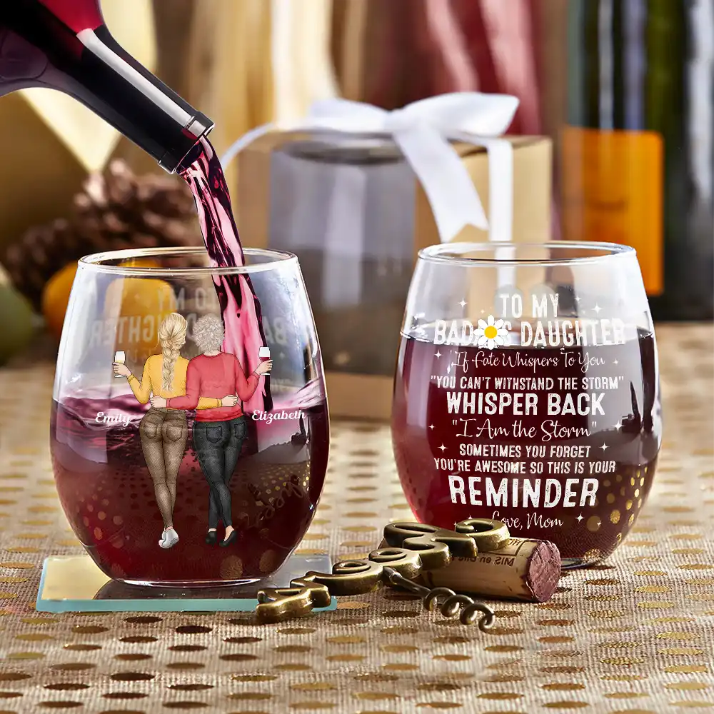 My Daughter Whisper Back I Am The Storm - Personalized Stemless Wine Glass - Image 3
