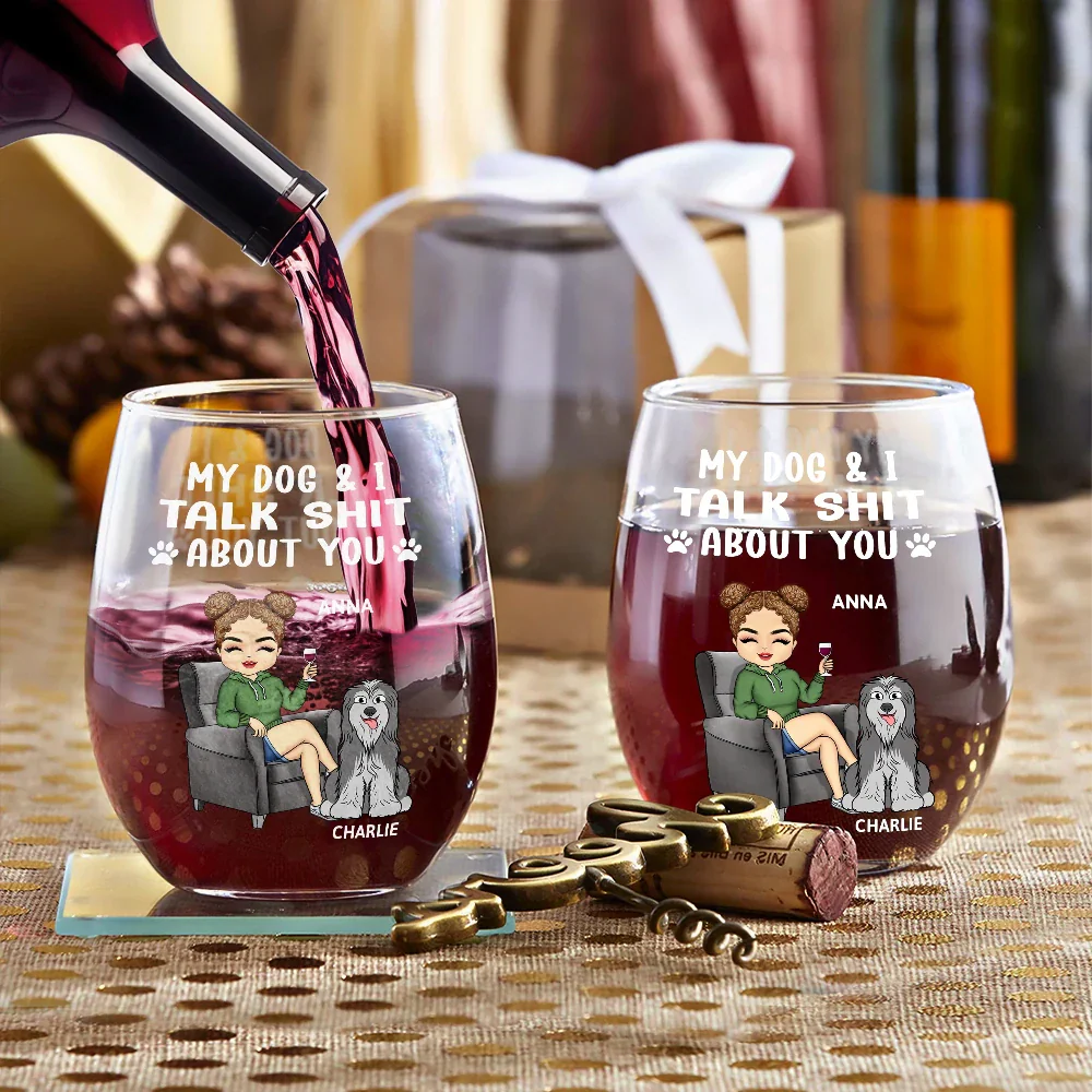 My Dog & I Talk About You - Personalized Stemless Wine Glass - Image 3