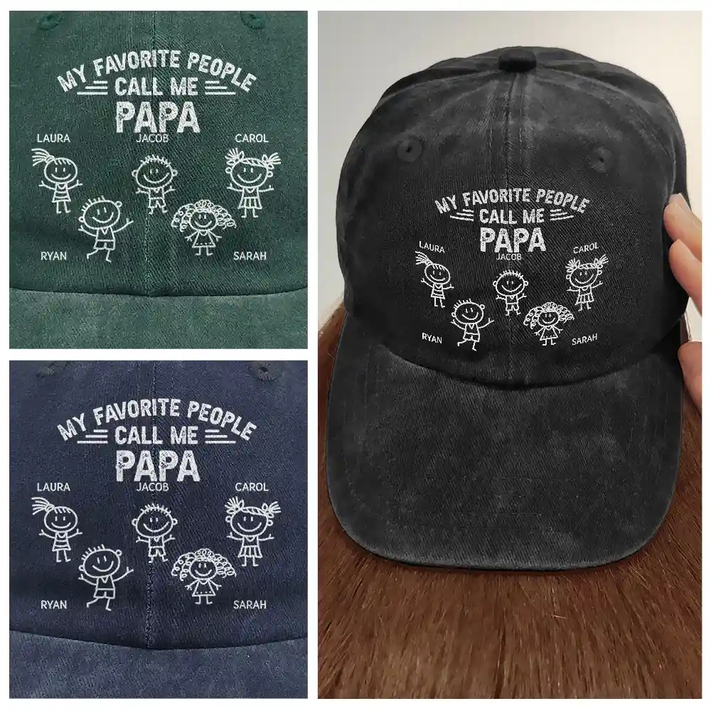 My Favorite People Call Me Papa Kid Stick Figures - Personalized Vintage Washed Denim Cap - Image 5