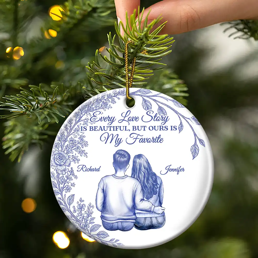 My Favorite Place In All The World Chinoiserie Toile Couple - Personalized Circle Ceramic Ornament - Image 3