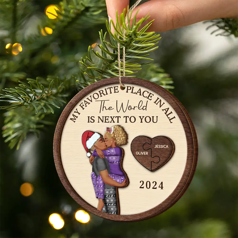 My Favorite Place In All The World Kissing Couples - Personalized 2-Layered Wooden Ornament - Image 2