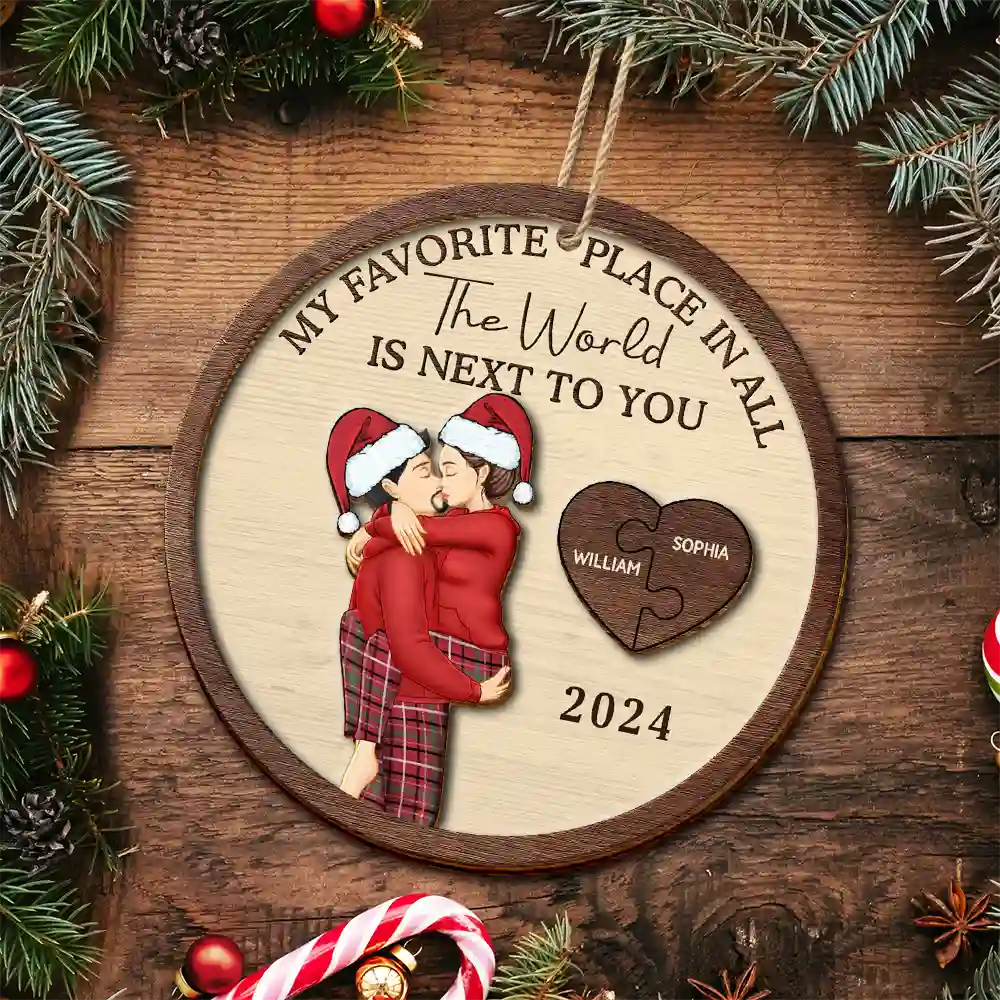 My Favorite Place In All The World Kissing Couples - Personalized 2-Layered Wooden Ornament - Image 5