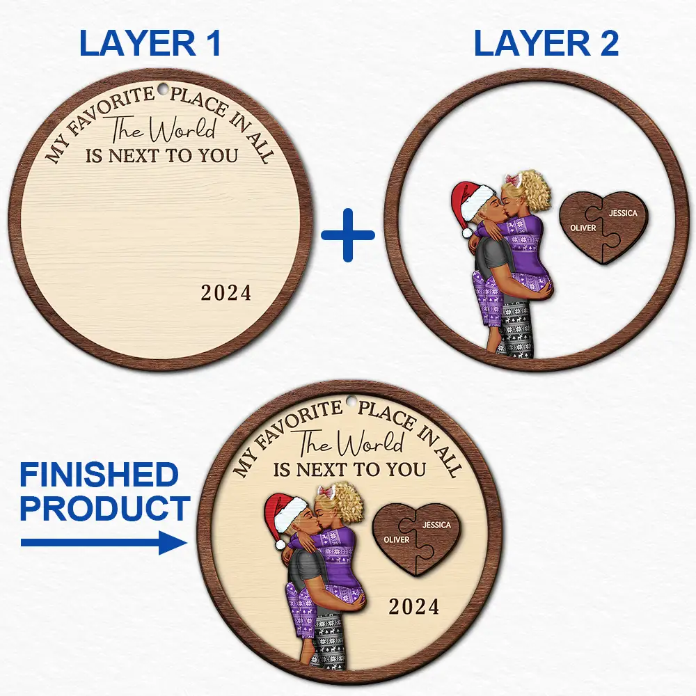 My Favorite Place In All The World Kissing Couples - Personalized 2-Layered Wooden Ornament - Image 6